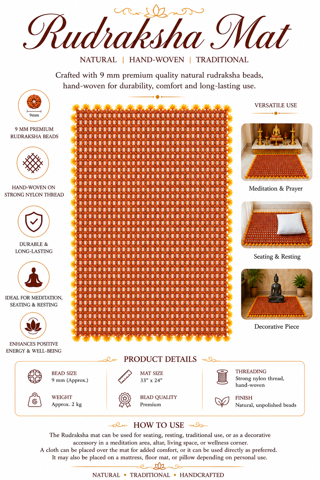 Premium Hand Woven Rudraksha Mat for Meditation, Seating & Spiritual Decor | Natural 9 mm Rudraksha Beads | 33 x 24 Inch