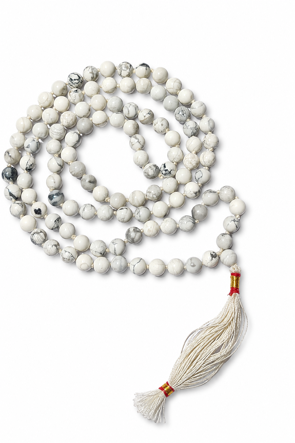 Howlite mala necklace with white and gray marbled 8mm beads and cream tassel