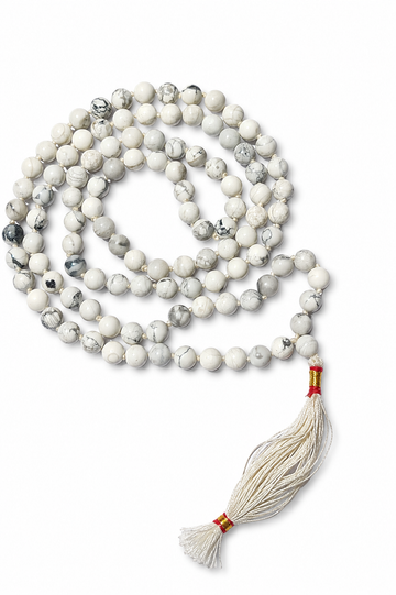 Howlite mala necklace with white and gray marbled 8mm beads and cream tassel