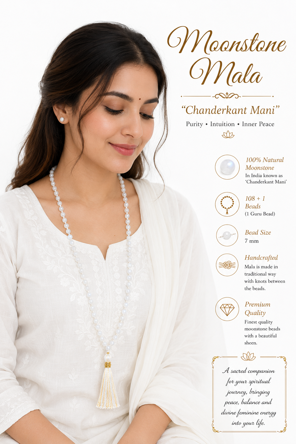Moonstone mala worn on necklace with 108+1 white beads and gold tassel pendant