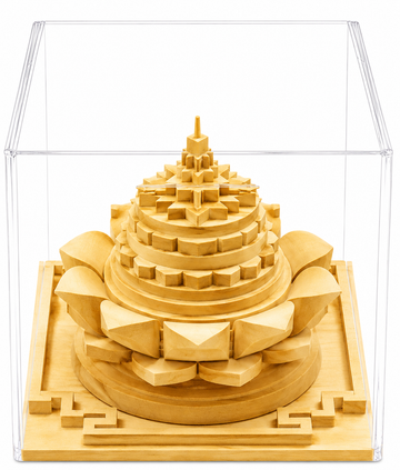 Acrylic box with carved wood Sri Maha Meru on lotus petals, tiered shri yantra