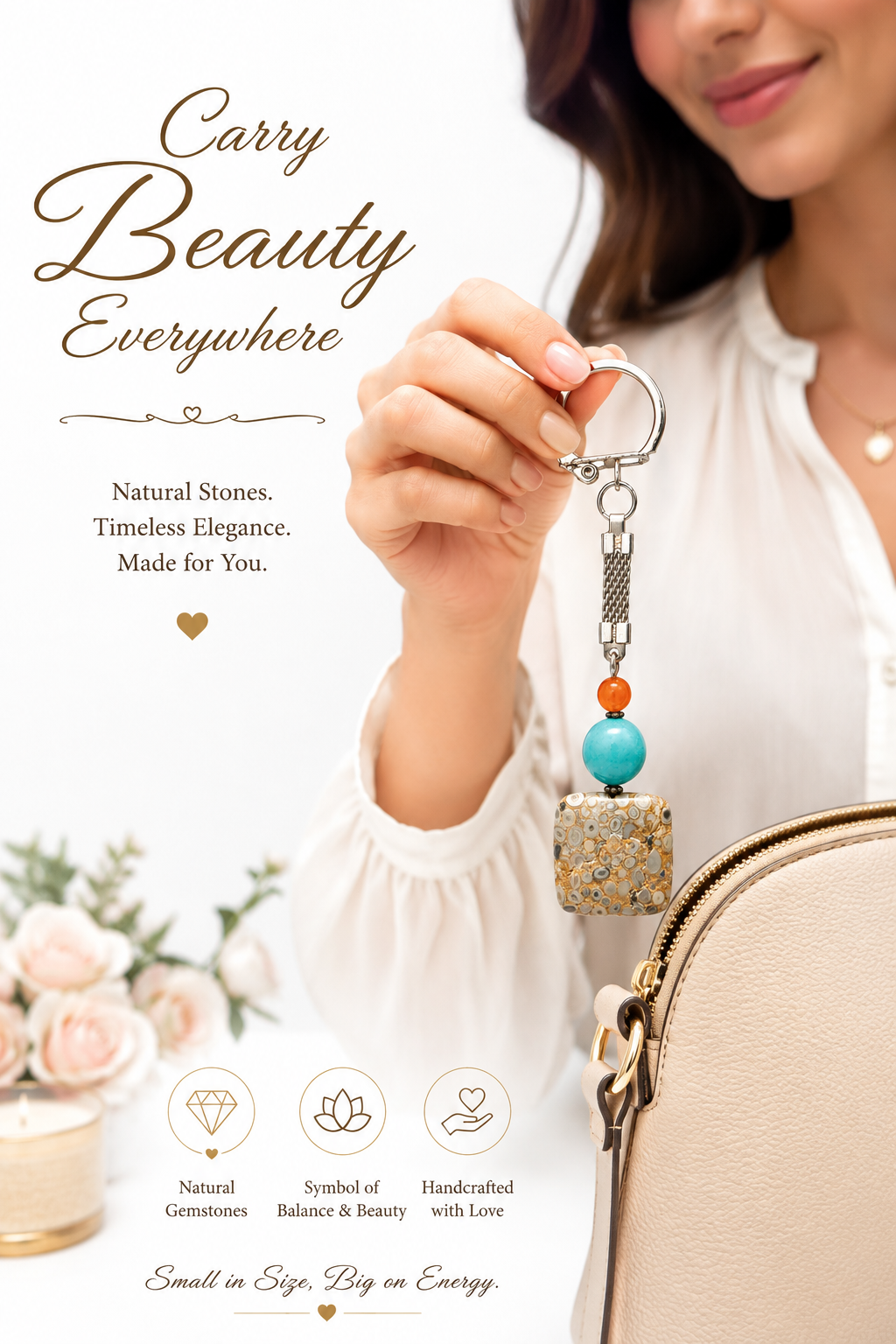 Gemstone keychain held in hand: silver ring, orange and teal beads, patterned jasper pouch