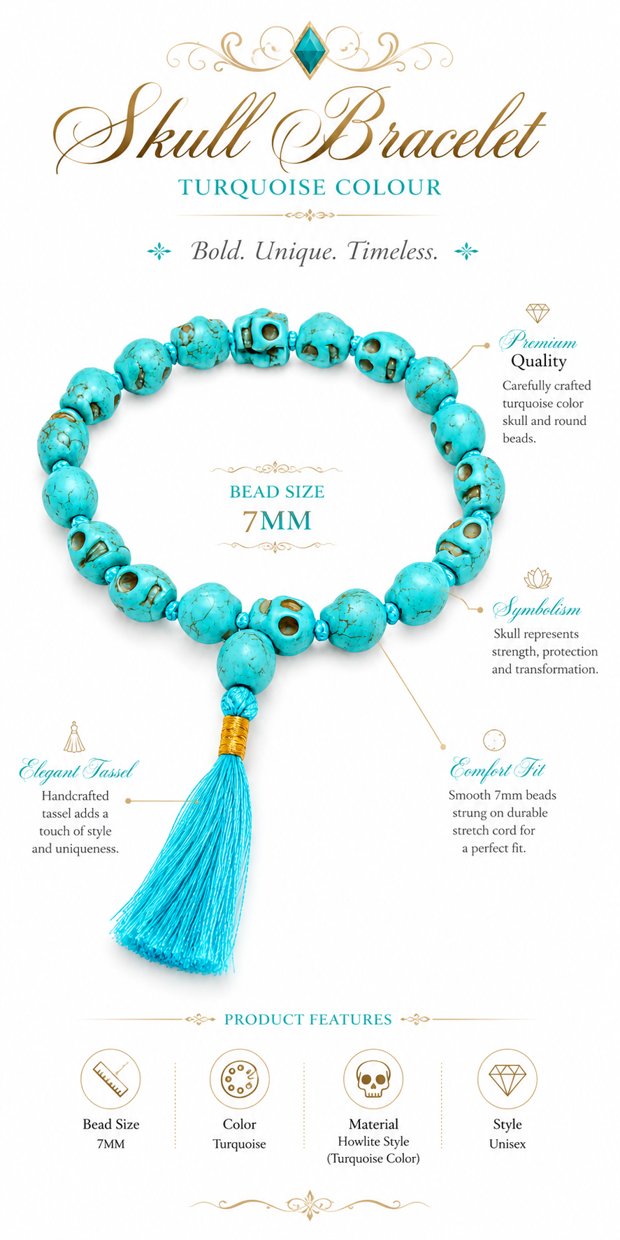 Turquoise skull-bead bracelet with 7mm round beads and blue tassel drop