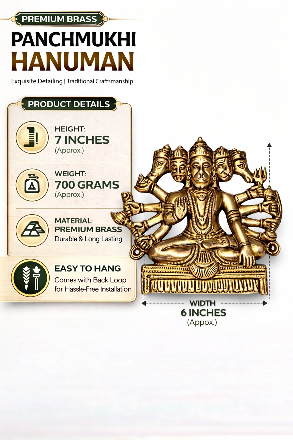Premium brass Panchmukhi Hanuman wall hanging details: 7in height, 6in width
