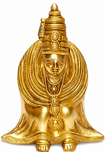 Brass idol: gold Tulja Bhavani figure with ornate crown, layered halo, and draped ornaments