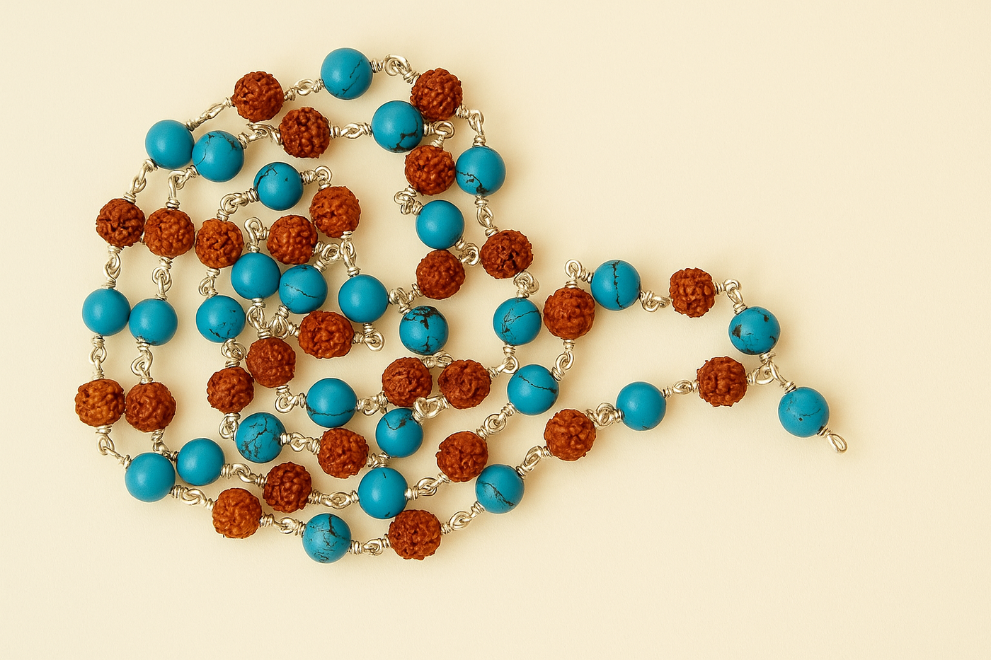 Rudraksha Magnesite combination mala in silver wire