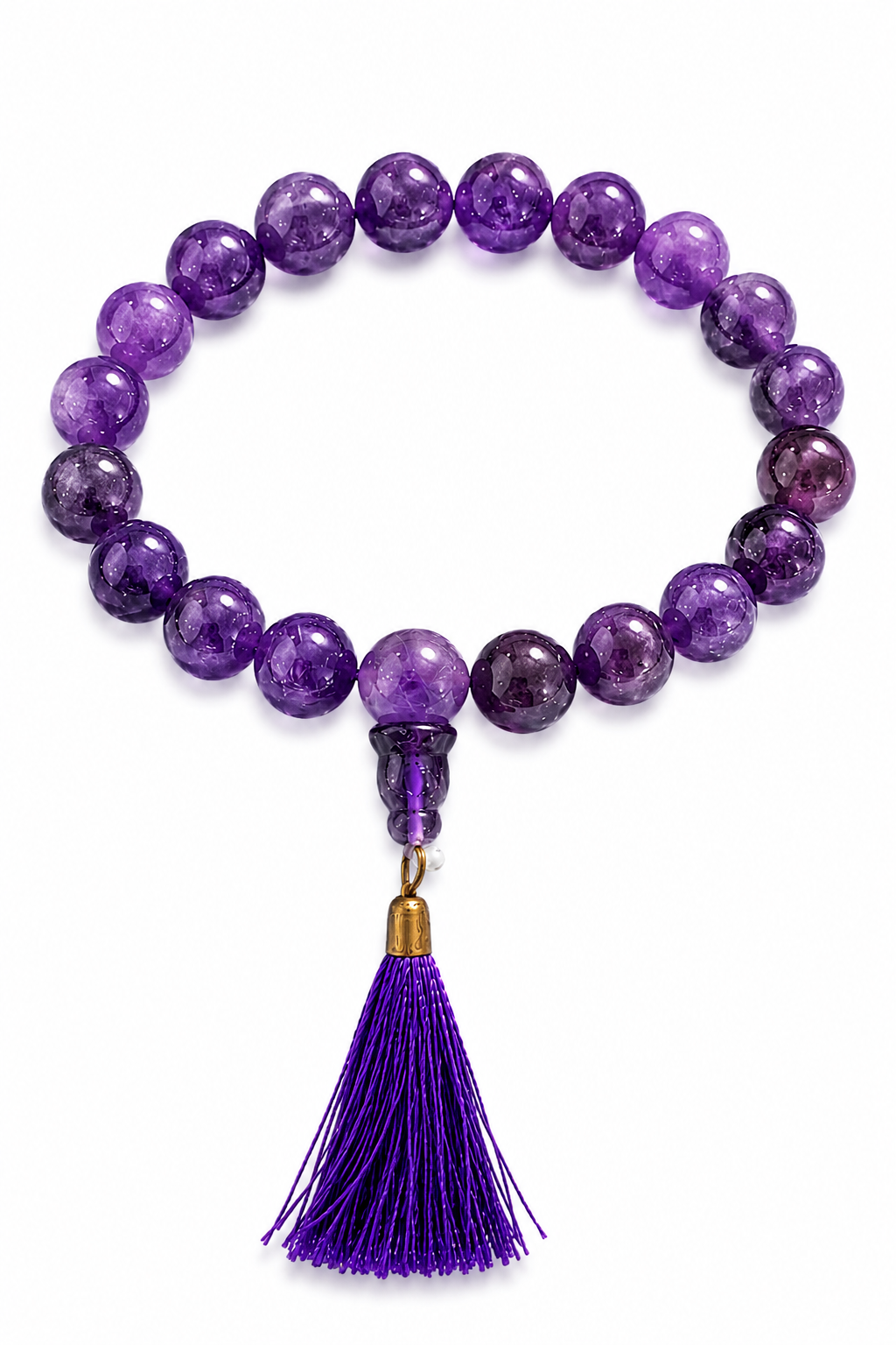 Close-up purple amethyst bead bracelet with elastic knot and dangling tassel