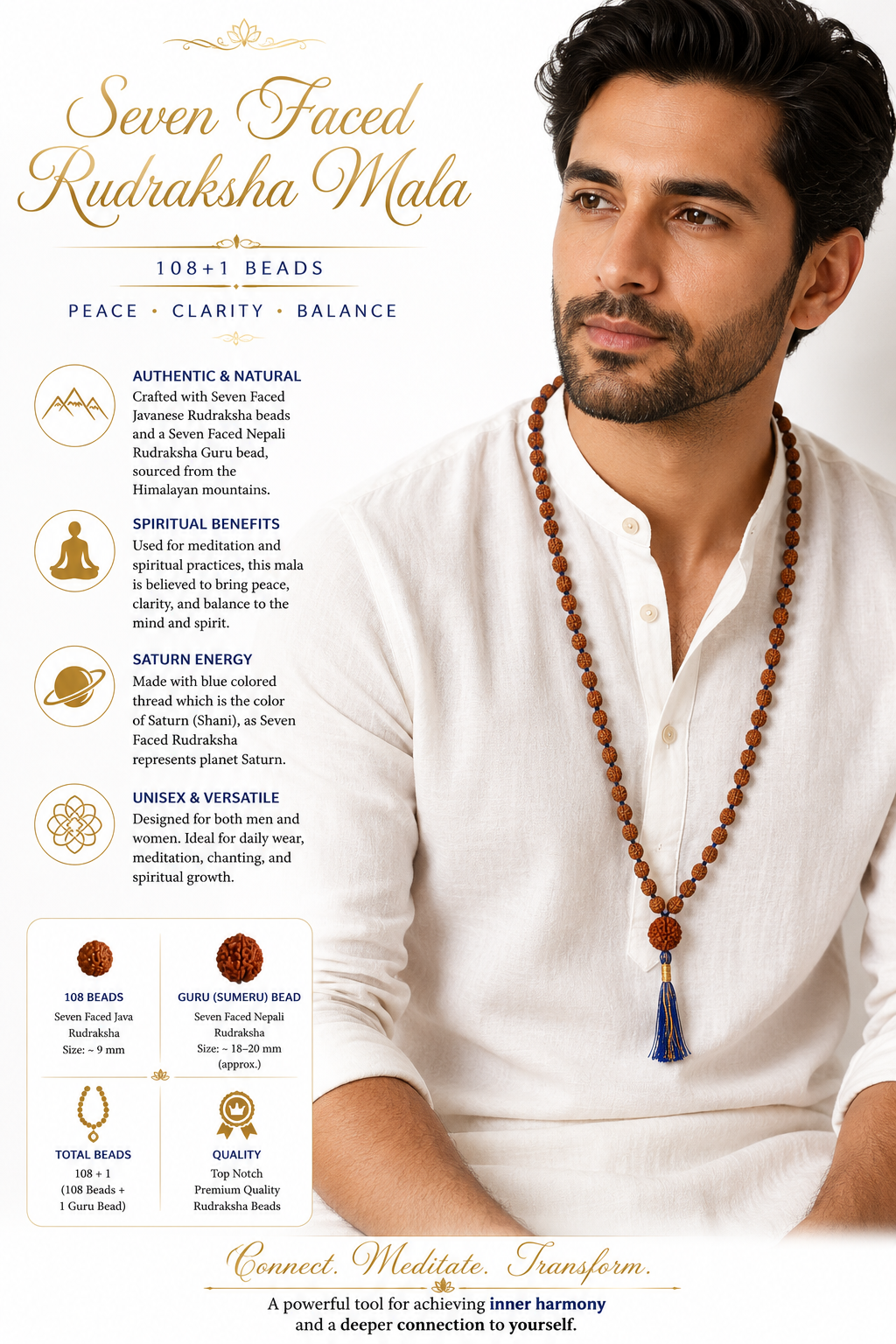 Seven-faced rudraksha mala on white shirt with blue tassel