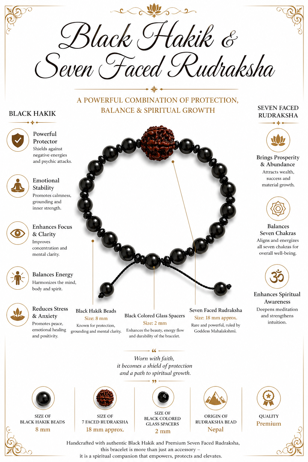 Rudraksha bracelet illustration: dark beads, red-brown centerpiece, adjustable cord