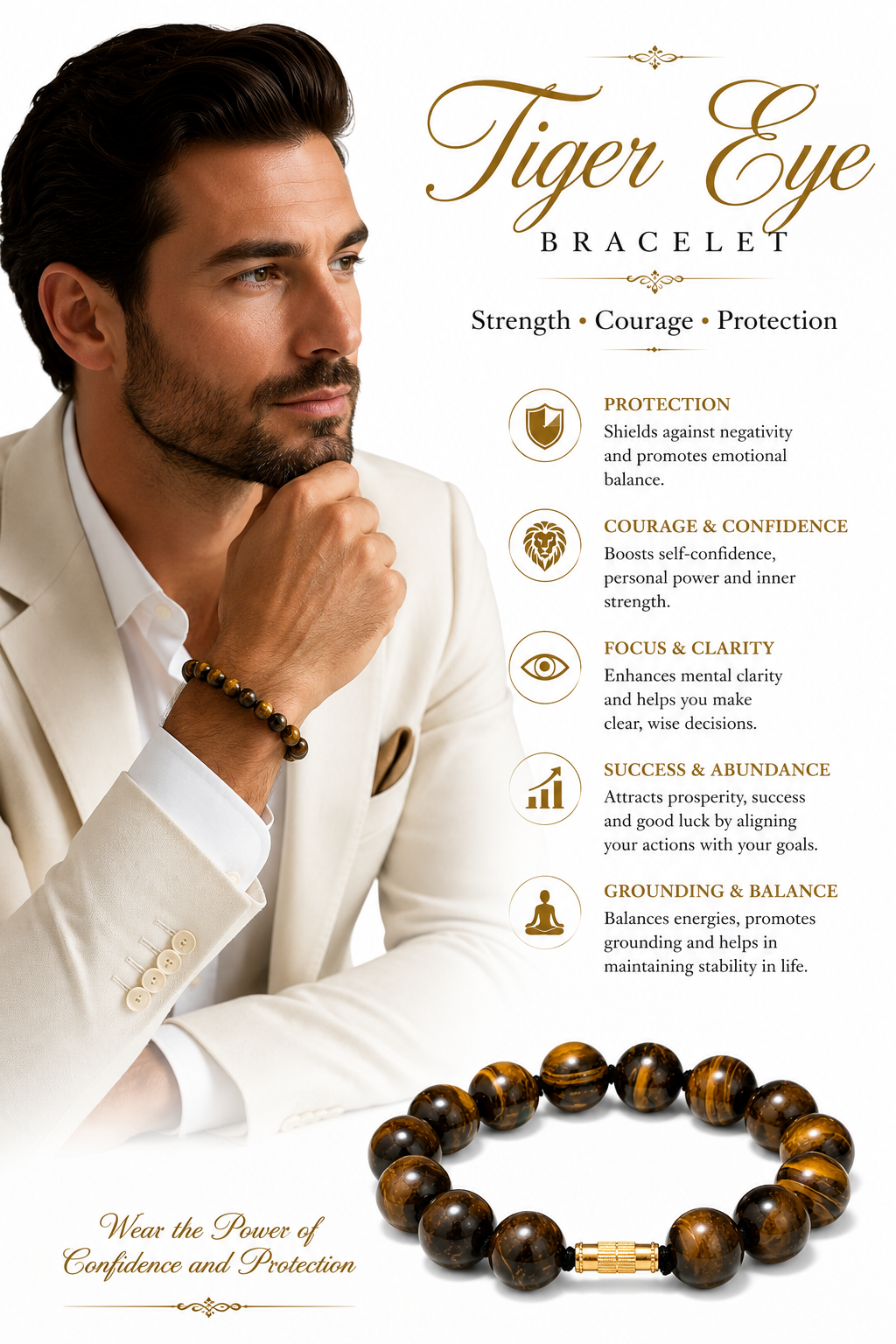 Premium Natural Tiger Eye Bracelet - 10 mm Genuine Tiger Eye Gemstone Beads | 8 Inch Unisex Crystal Bracelet | Luxury Handcrafted Jewelry
