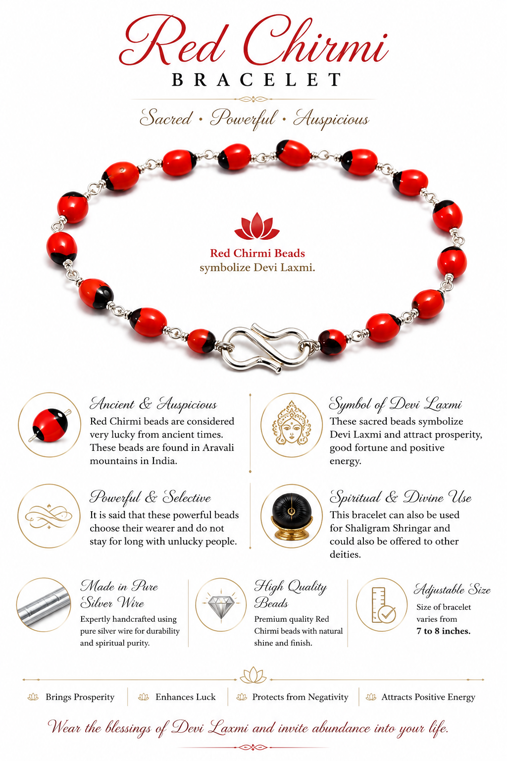 Red chirmi seed-bead bracelet with silver wire links, black beads, and hook clasp.