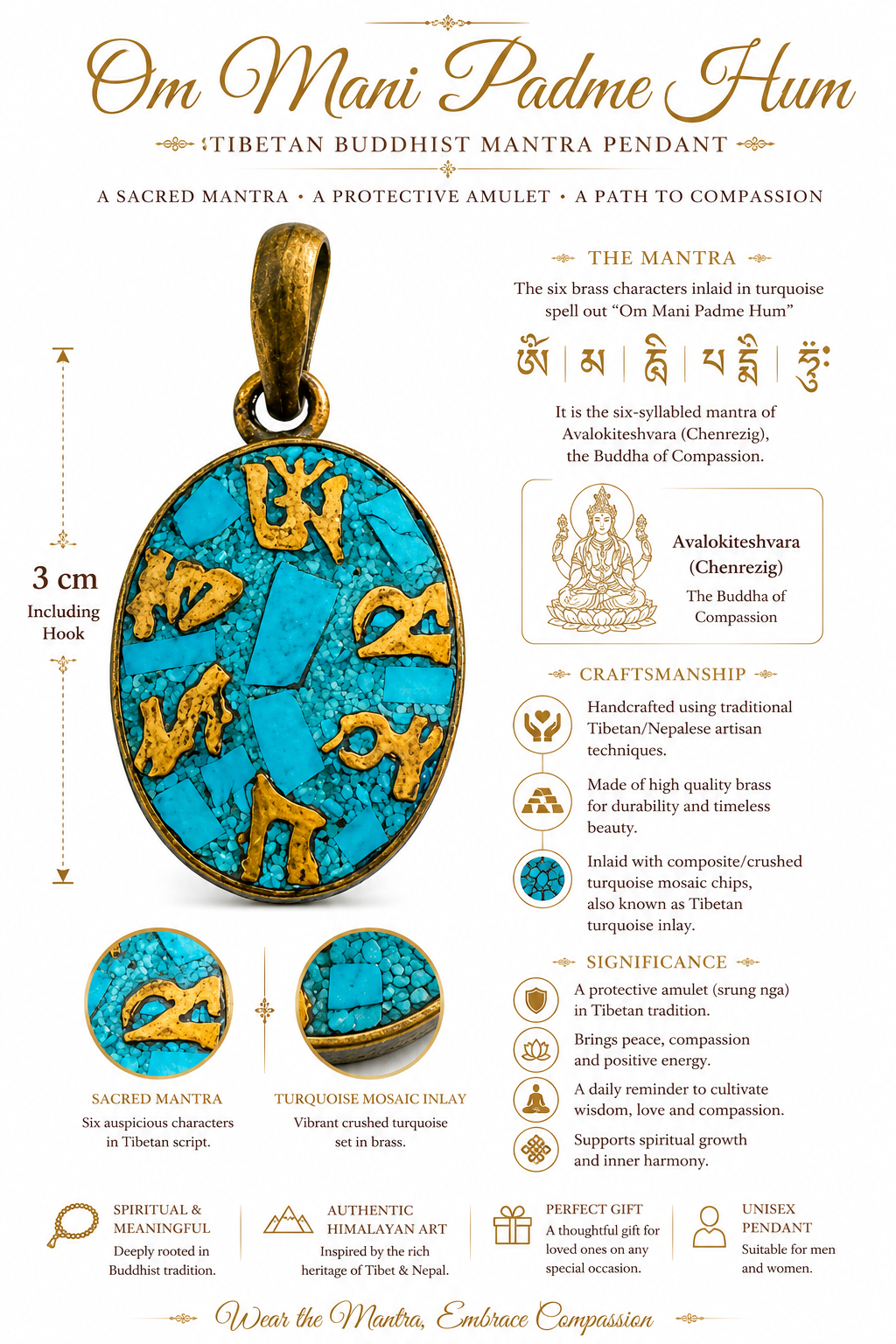 Tibetan Om Mani Padme Hum Brass Pendant with Turquoise Mosaic Inlay | Handcrafted Buddhist Pendant | Unisex