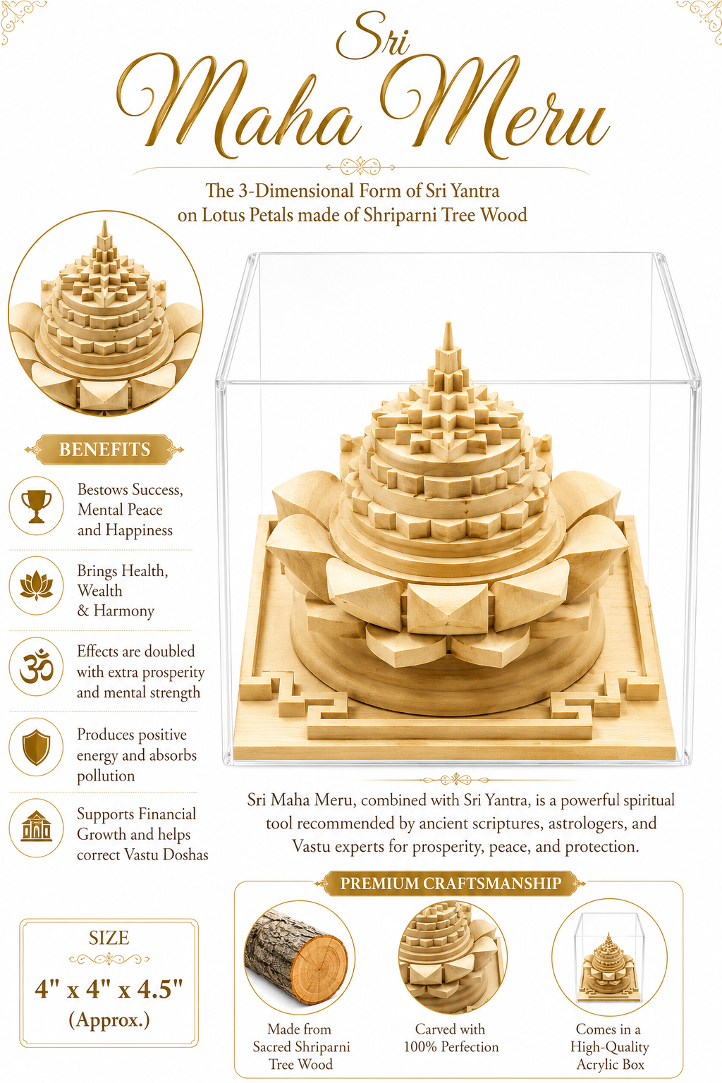 Acrylic box with carved wood Sri Maha Meru on lotus petals, tiered shri yantra