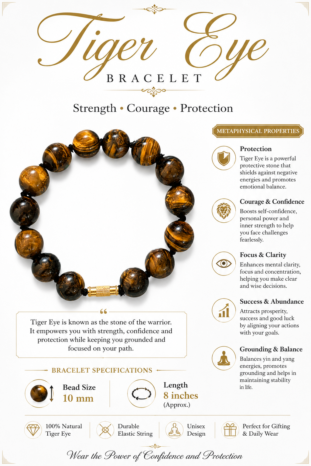 Premium Natural Tiger Eye Bracelet - 10 mm Genuine Tiger Eye Gemstone Beads | 8 Inch Unisex Crystal Bracelet | Luxury Handcrafted Jewelry
