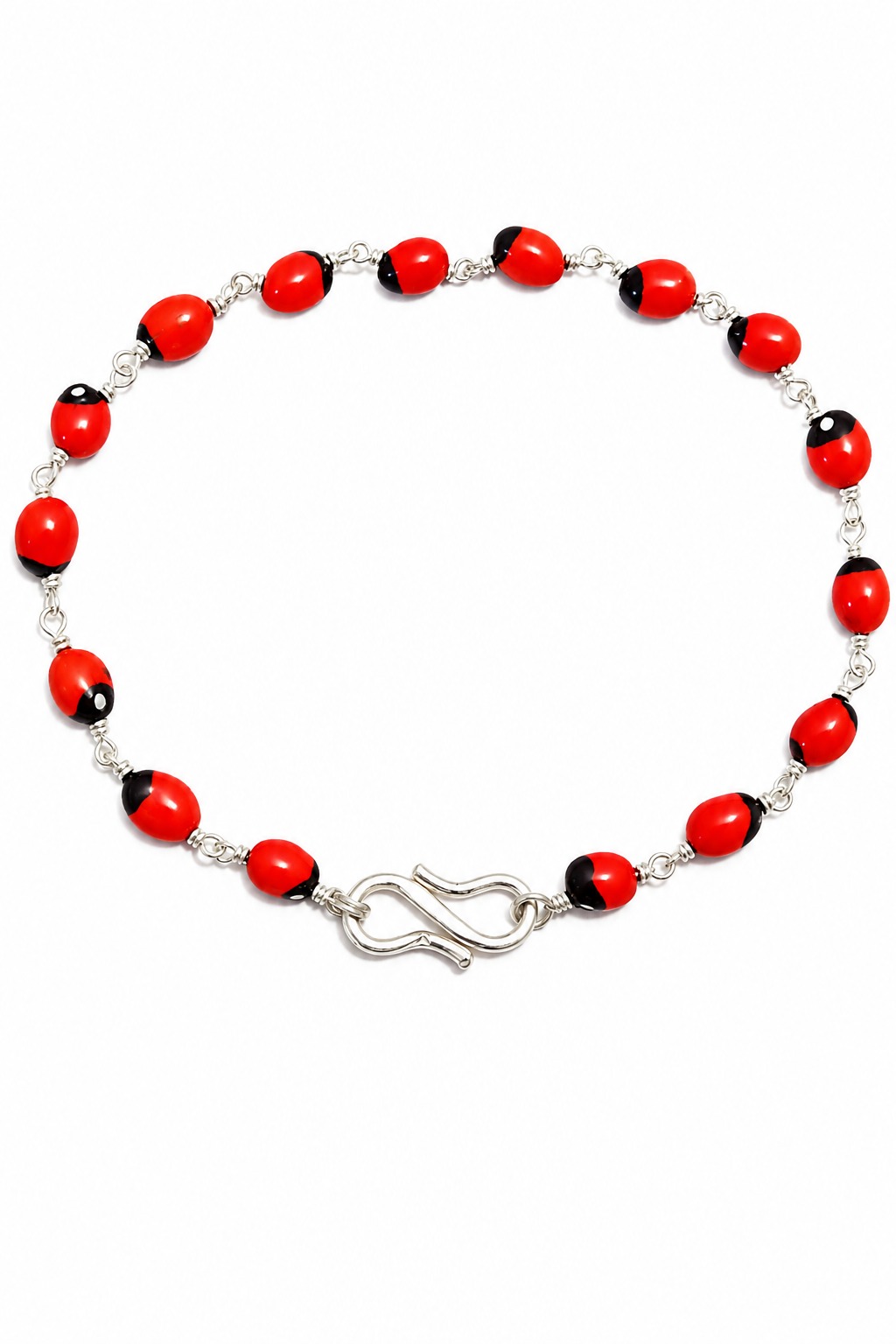 Red chirmi seed-bead bracelet with silver wire links, black beads, and hook clasp.