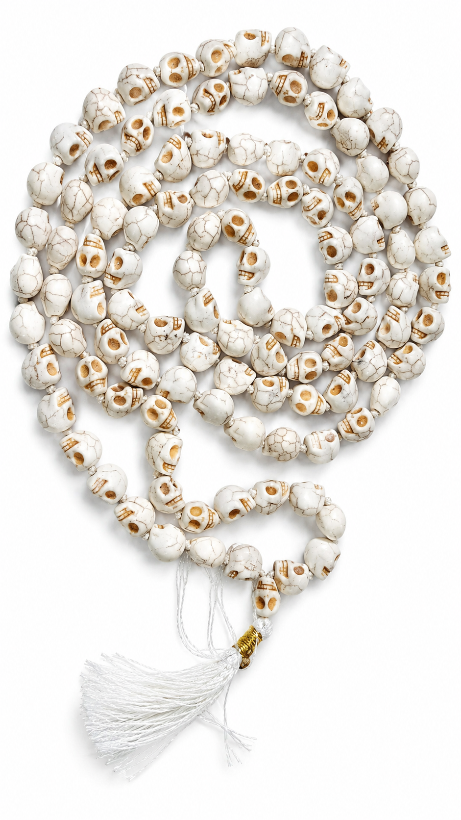 Howlite Skull Beads Mala 108+1 Beads | 7mm Hand-Knotted Japa Mala | Traditional Hindu Style Garland for Mahakali & Bhairava Idols