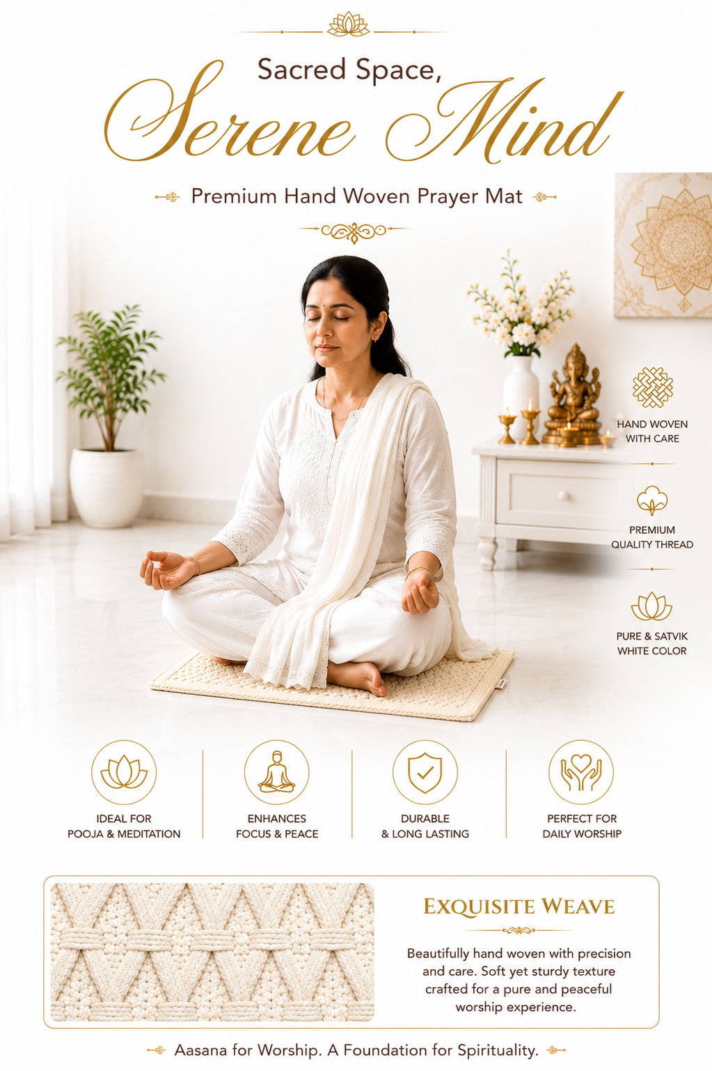 White hand-woven meditation mat under seated person