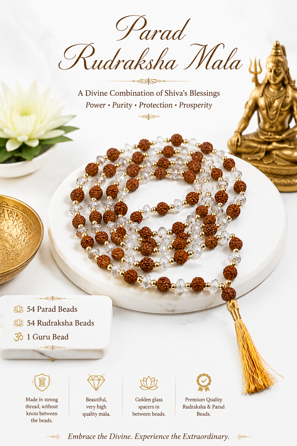 Parad Rudraksha Mala - Premium 54 Beads Rudraksha & 54 Parad Beads with Guru Bead, Golden Spacers, High-Quality Spiritual Necklace