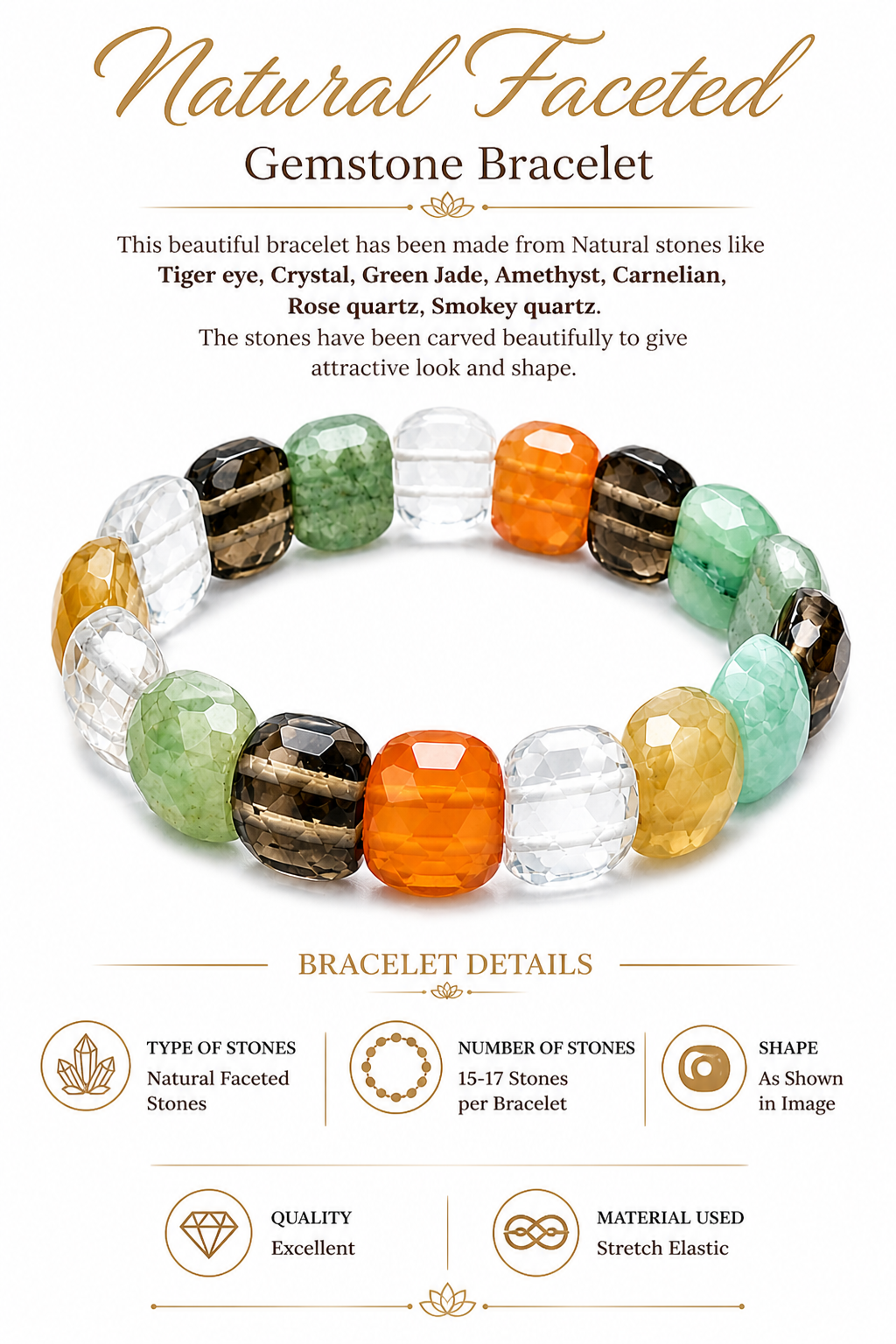 Faceted gemstone stretch bracelet with green, orange, clear, smoky and pale yellow stones