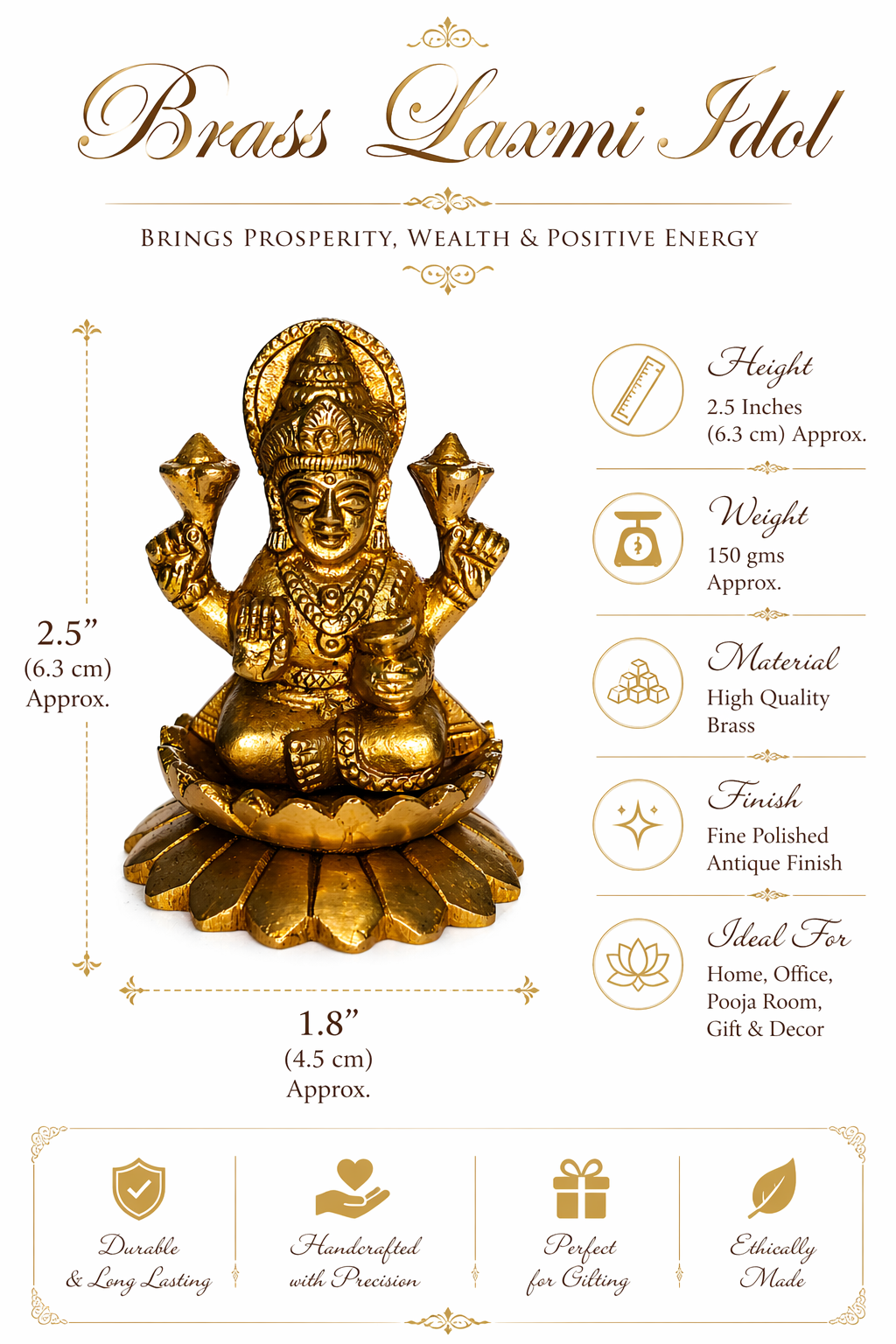 Brass Laxmi Idol for Home Temple, Office Desk & Gifting | 2.5 Inch Handcrafted Maa Lakshmi Murti on Lotus Base | Premium Polished Brass Decorative Pooja Statue