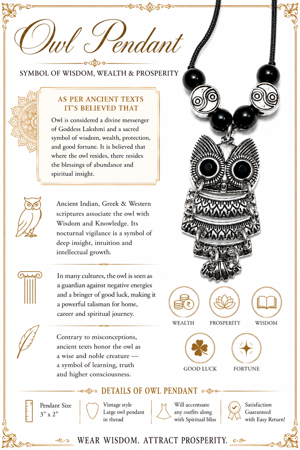 Silver-toned owl pendant on black bead necklace chain with round accent beads