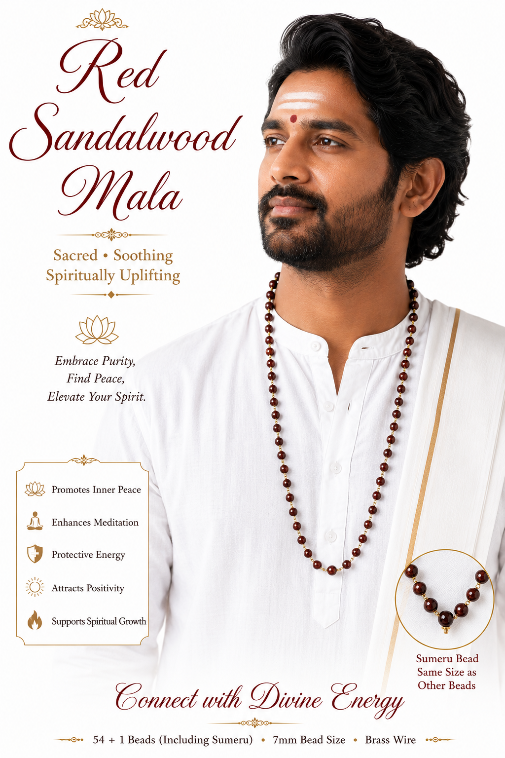 Natural Red Sandalwood (Lal Chandan) Wearing Mala in Brass Wire | 54+1 Beads with Sumeru | 7 mm Handcrafted Spiritual Necklace for Men & Women | Traditional Meditation & Everyday Wear