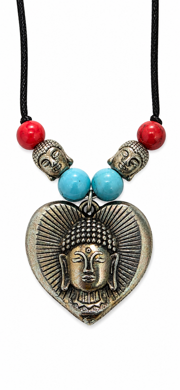 Tibetan Meditation Buddha Pendant Necklace for Men & Women | Heart Shaped Buddha Face Design White Metal Pendant with Beads | Spiritual Inspired Buddhist Jewellery