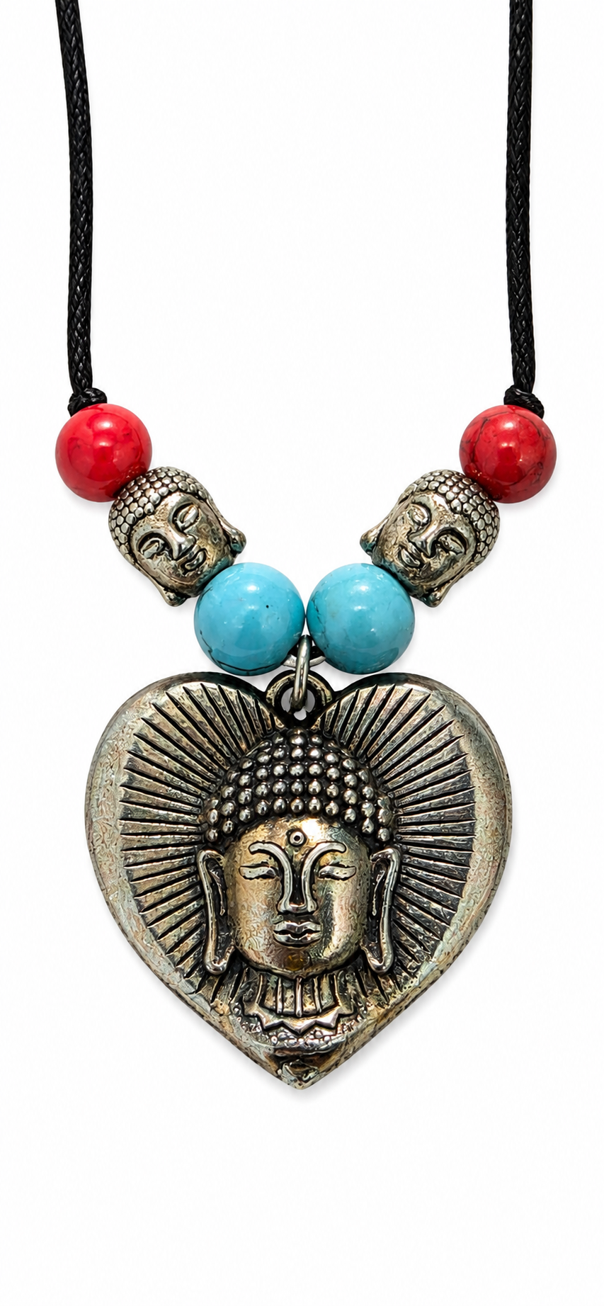 Tibetan Meditation Buddha Pendant Necklace for Men & Women | Heart Shaped Buddha Face Design White Metal Pendant with Beads | Spiritual Inspired Buddhist Jewellery