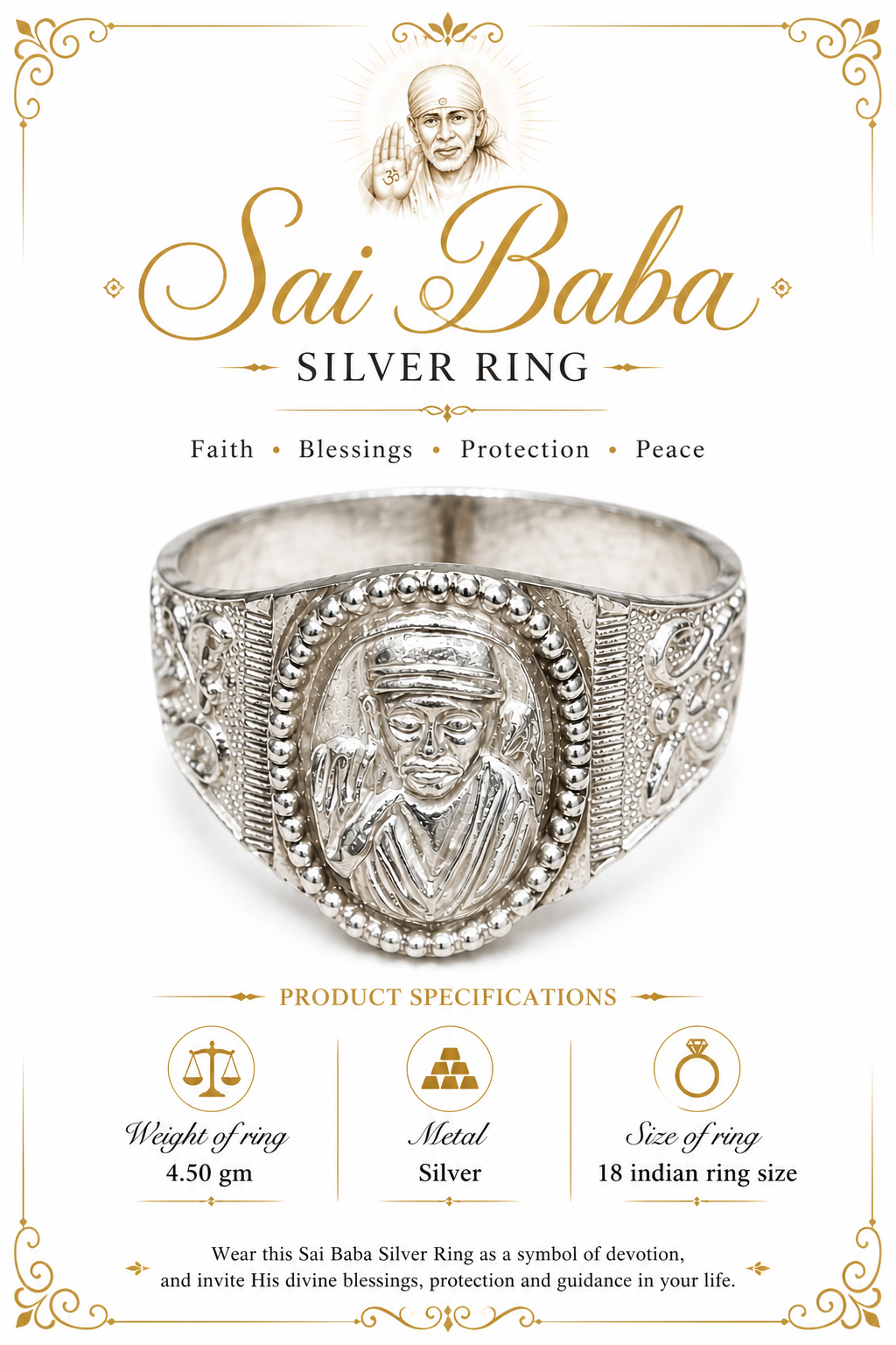 Silver Sai Baba ring with oval center portrait and textured side patterns