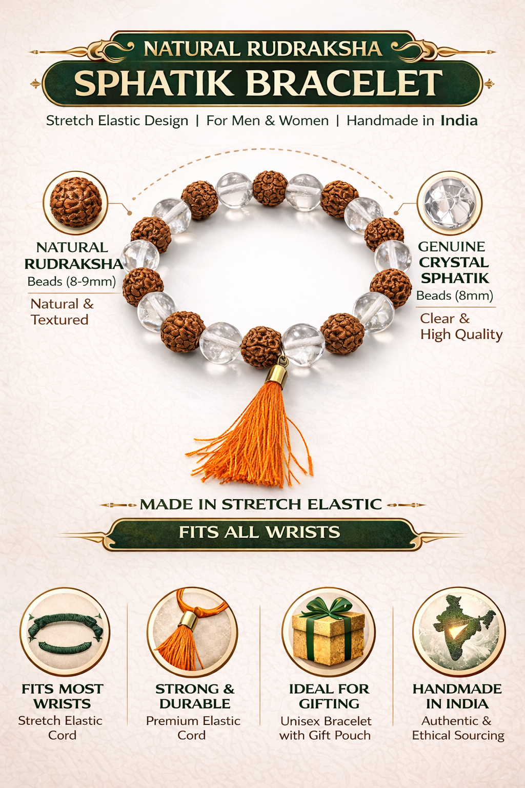 Rudraksha Sphatik (Crystal) beads combination bracelet in stretch elastic