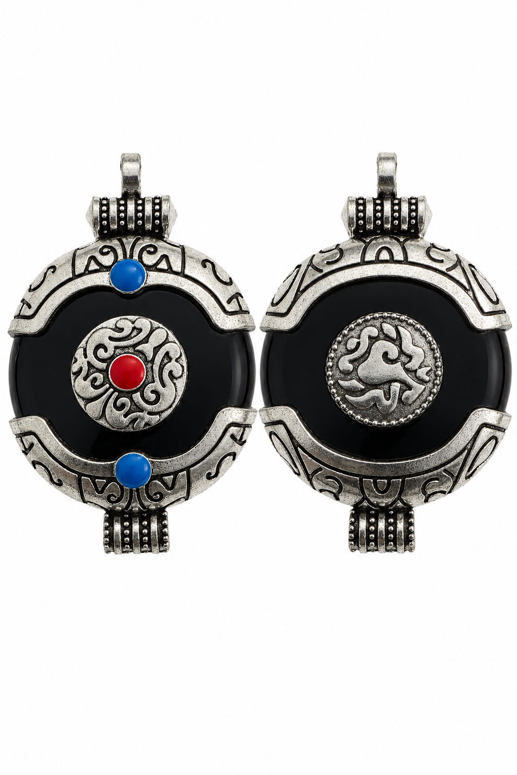 Black crackle resin amulet pendant with silver frame, blue side beads, red center symbol