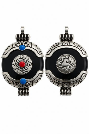 Black crackle resin amulet pendant with silver frame, blue side beads, red center symbol