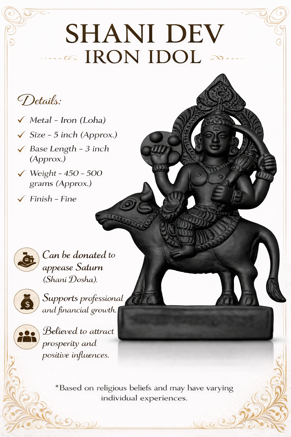 Shani Dev iron idol murti details card for 5-inch matte black statue
