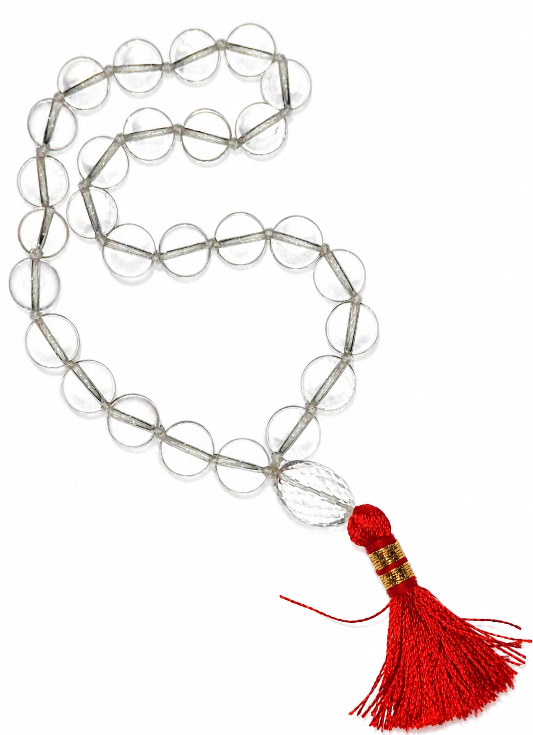 Clear crystal quartz bead wrist mala with oval Sumeru bead and red tassel