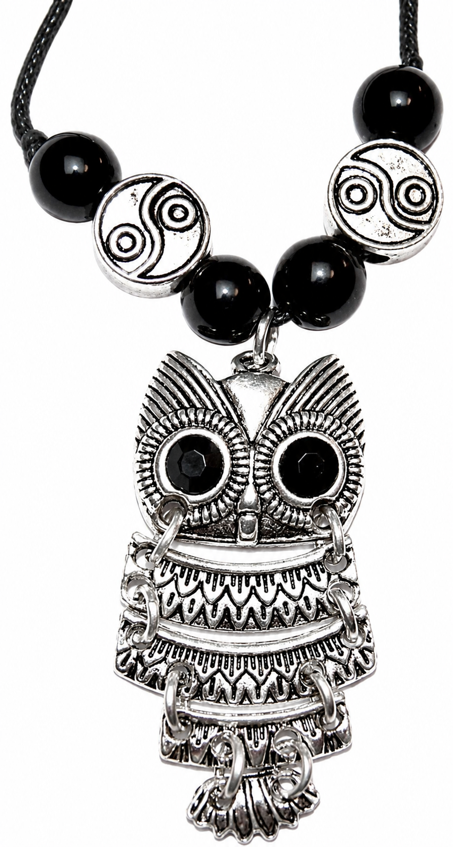 Black bead owl pendant necklace with silver-toned filigree and circular charm links