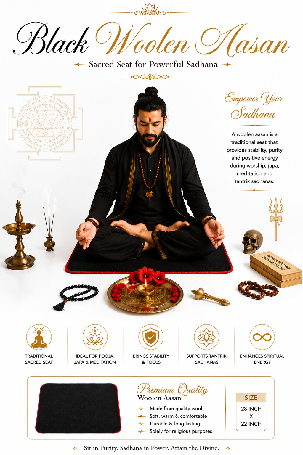 Black rectangular meditation asan mat with red piping along edges