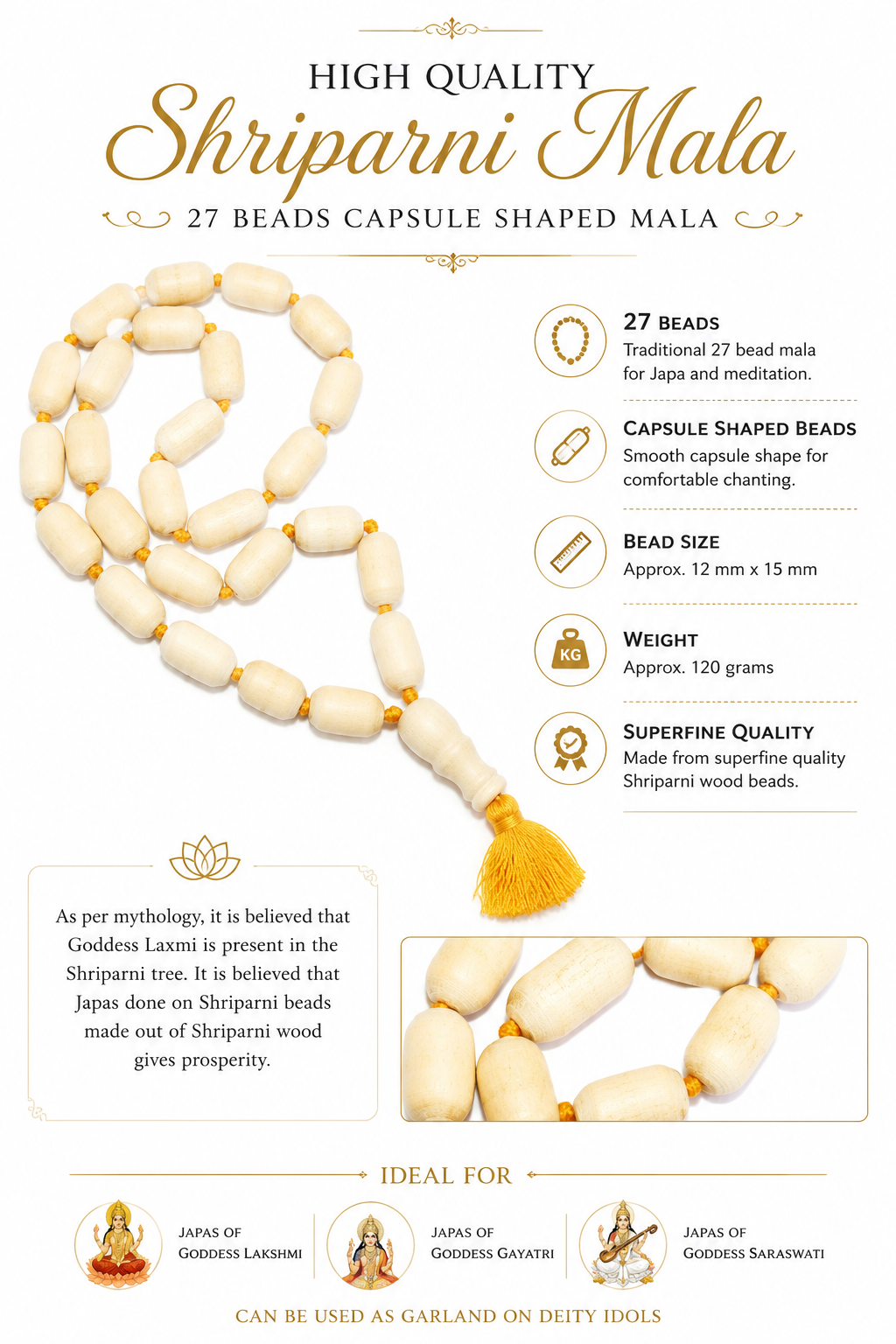 Capsule-shaped light wood mala beads, gold spacer accents, yellow tassel, 27 beads