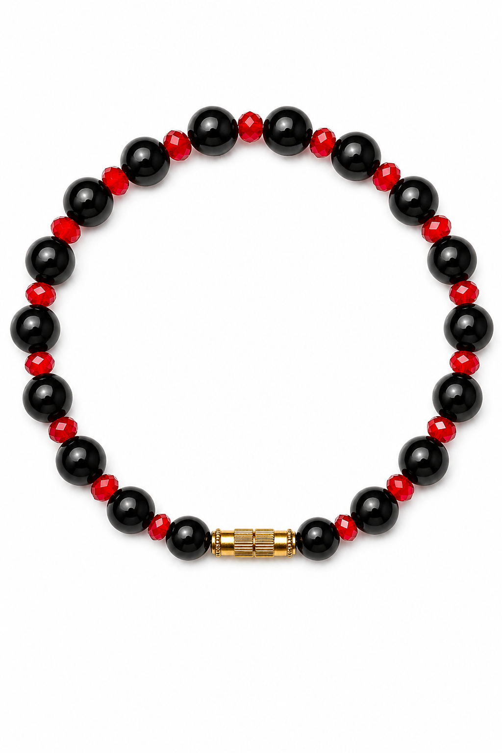Black bead and red glass beaded bracelet with gold spacer, unisex 8mm