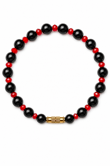 Black bead and red glass beaded bracelet with gold spacer, unisex 8mm
