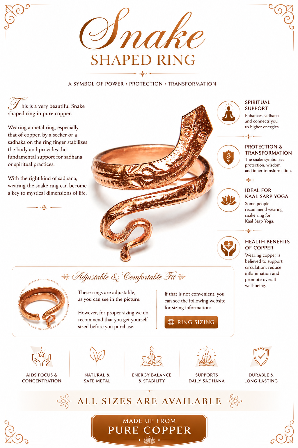 Copper snake-shaped ring with coiled tail and raised scale texture, open-adjustable band