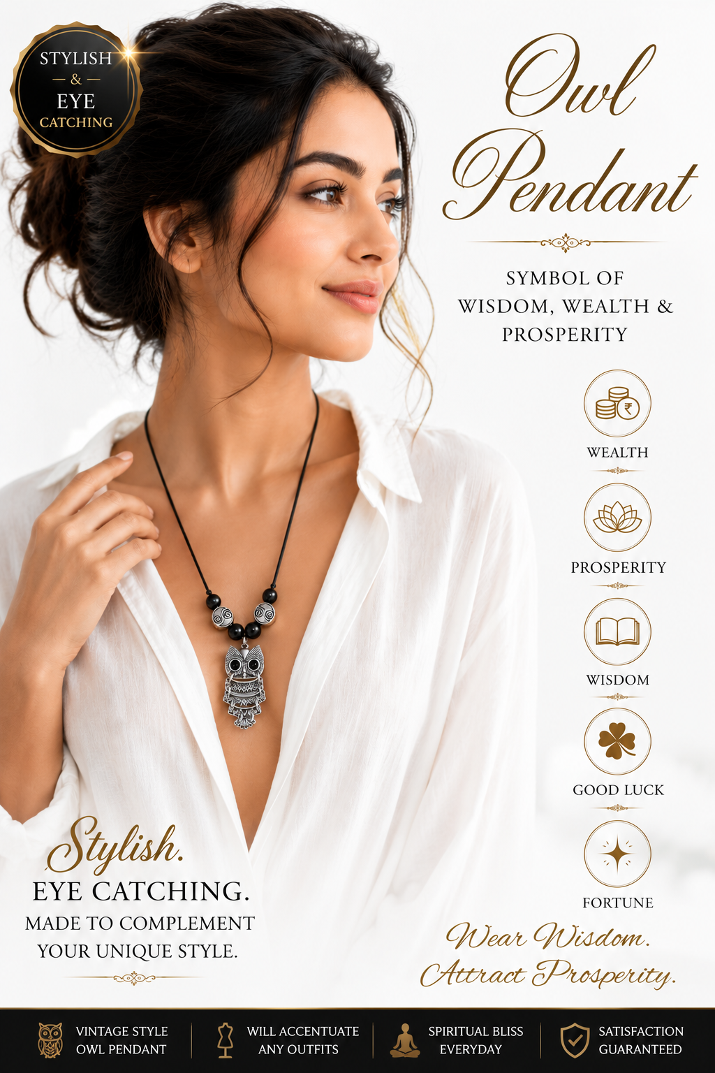 Black bead owl pendant necklace with silver-toned filigree and circular charm links
