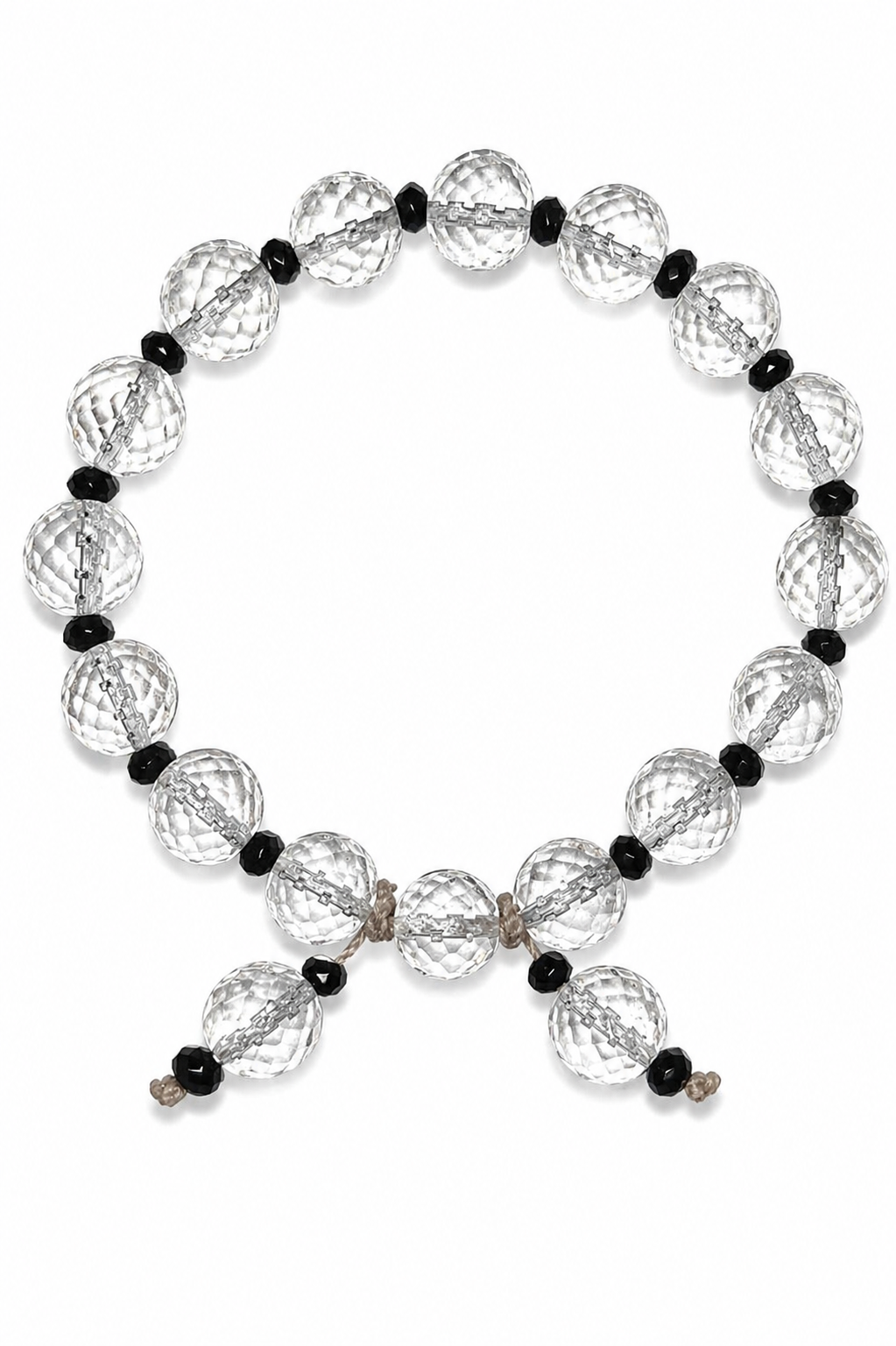 Sphatik diamond-cut crystal beads bracelet, clear 8mm beads with black spacers, adjustable