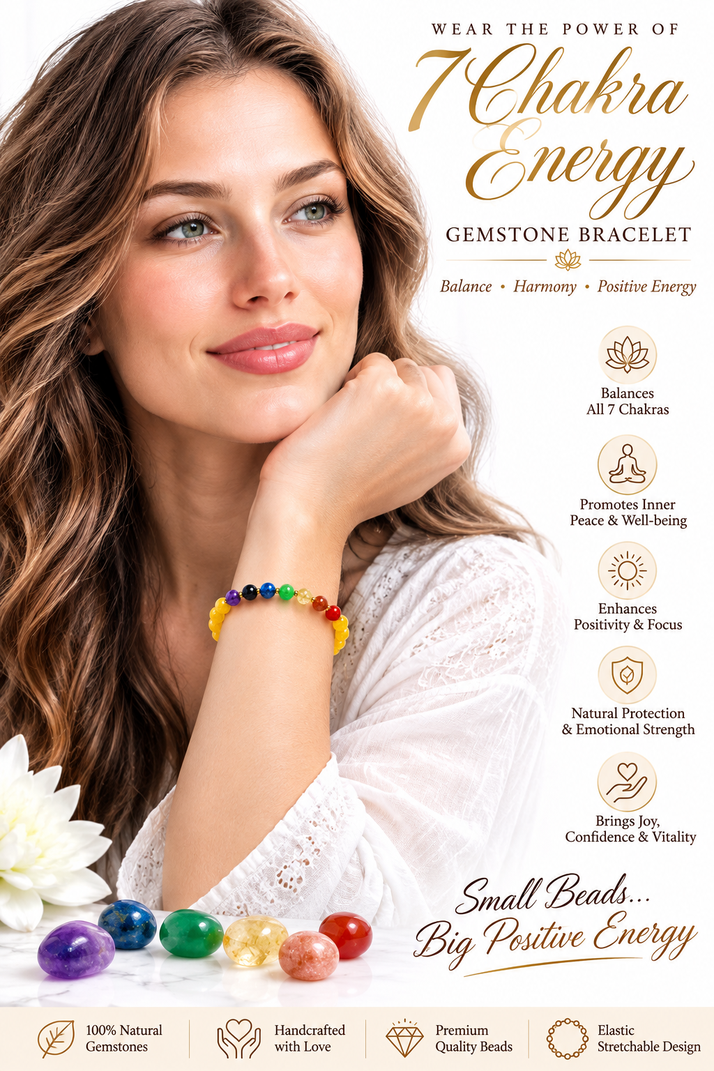Colorful chakra gemstone bead bracelet worn on wrist, round stretch beads