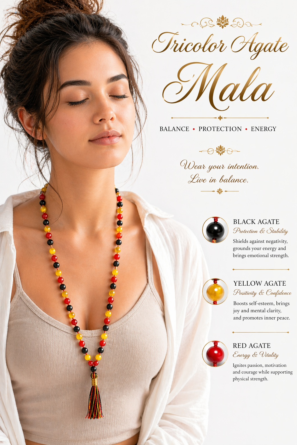 Tricolor Agate Mala 108 Beads Necklace Black Yellow Red Natural Stone Japa Mala