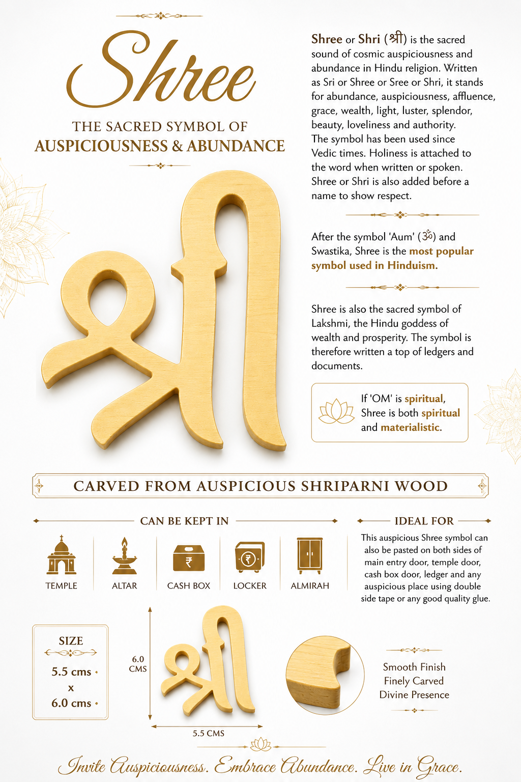 Shree wood decor symbol for door/puja, smooth carved light wood Om-like shape
