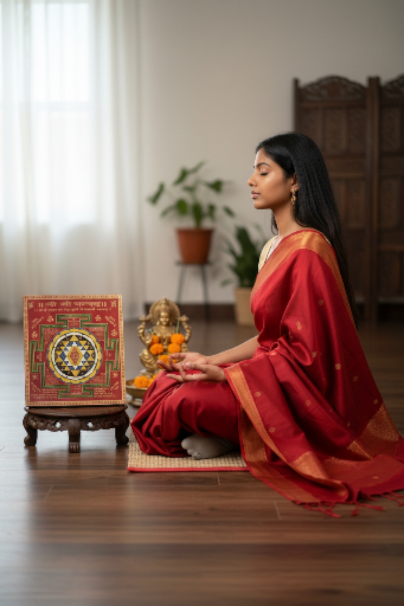Big Sriyantra print with red border and blue geometric diagram