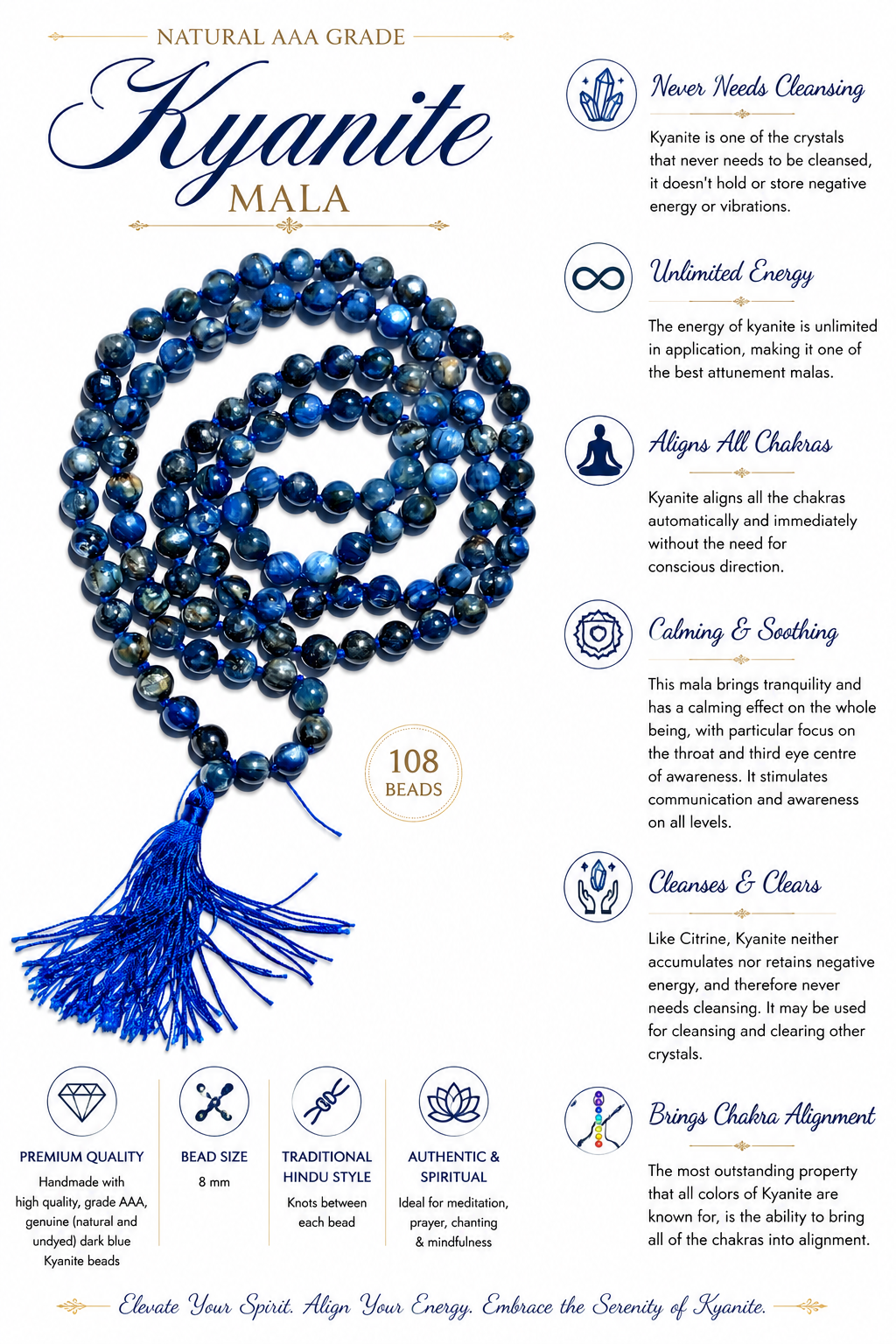 Blue kyanite bead mala necklace with 108 beads and tassel, knotted string