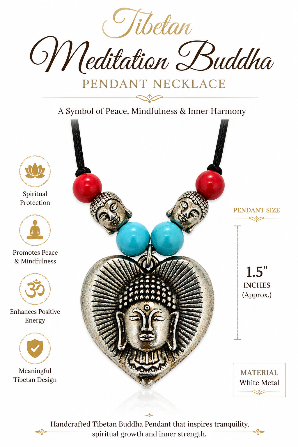 Tibetan Meditation Buddha Pendant Necklace for Men & Women | Heart Shaped Buddha Face Design White Metal Pendant with Beads | Spiritual Inspired Buddhist Jewellery