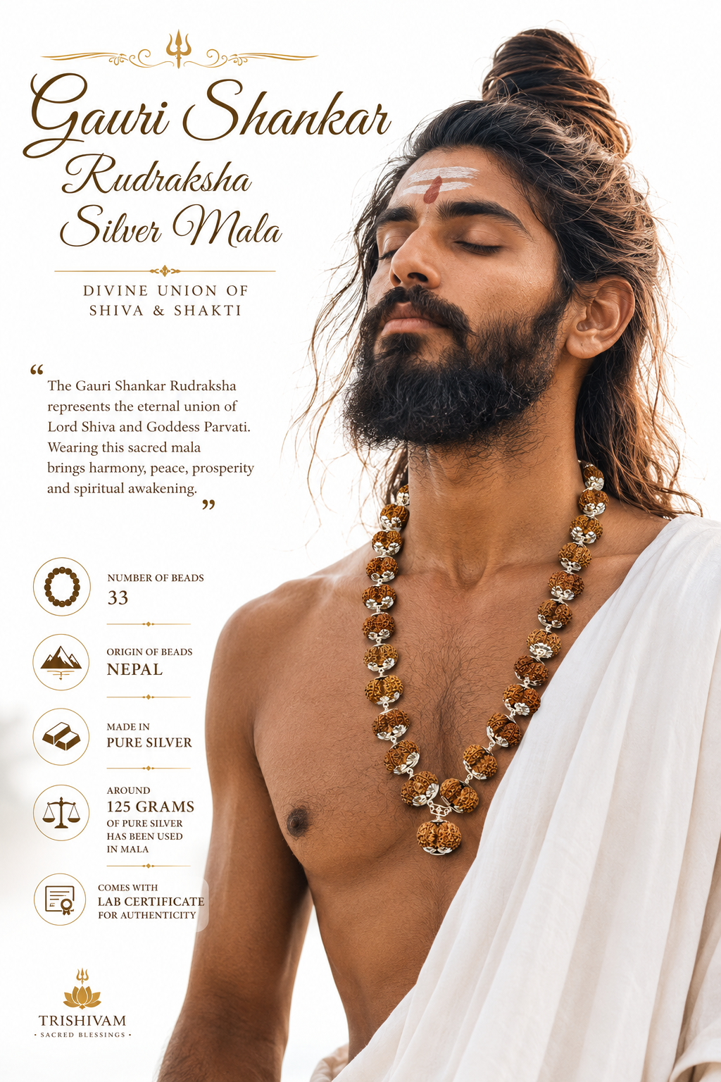 Man wearing Gauri Shankar rudraksha silver mala with carved brown beads and silver links