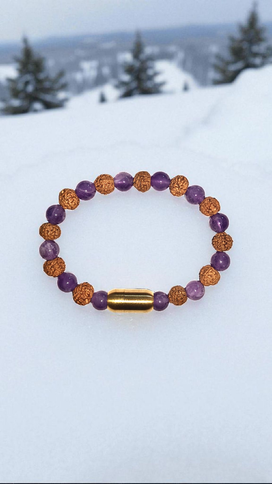 Purple amethyst and bronze rudraksha bead bracelet with central magnetic clasp